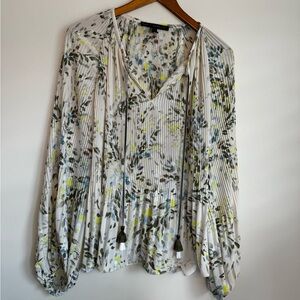 Floral Pleated Blouse with Tassels